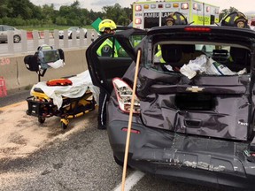 Ottawa Paramedic Svc via Twitter
‏Multiple vehicle collision 417E-Merivale.  5 vehicles involved.  4 pt treated by paramedics for stable neck and muskuloskeletal injuries.  All remain in stable condition in local ERs.