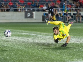 Fury FC goalkeeper Maxime Crépeau watches as this Penn FC shot passes beyond his reach during Saturday's match at TD Place stadium. Steve Kingsman/Freestyle Photography for Ottawa Fury FC