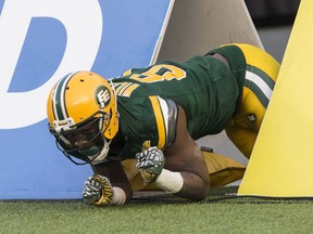 August 18, 2018 Edmonton Eskimos D'haquille Williams (81) celebrates his touchdown on the Montreal Alouettes  during first half CFL action in Edmonton August 18, 2018.