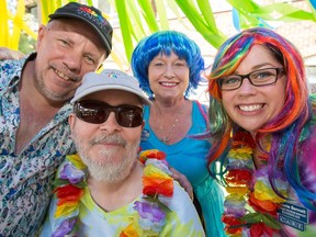 Extendicare Medex held its first Pride celebration Thursday following a request from resident Paul Leroux, second from left.His husband Alex Wisniowski, left, was on hand along with Mary-Ellen Shennan (back) and Melanie Bennett, who planned the party.