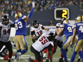 Ottawa Redblacks' Lewis Ward (10) kicks a field goal against the Winnipeg Blue Bombers during the second half of CFL action in Winnipeg Friday, August 17, 2018