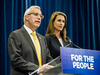 Ontario's Minister of Finance Vic Fedeli and Attorney General Caroline Mulroney announce Ontario's cannabis retail model, in Toronto on Aug. 13, 2018.