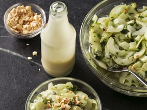 Cucumber salad with creamy roasted garlic dressing. This recipe appears in the cookbook "Just Add Sauce."