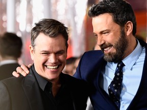 Actors Matt Damon, left, and Ben Affleck arrive at the Premiere Of Warner Bros. Pictures' "Live By Night" at TCL Chinese Theatre on January 9, 2017 in Hollywood, Calif. (Frazer Harrison/Getty Images)