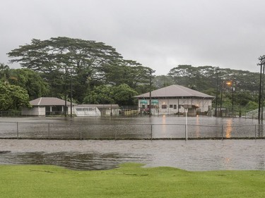 Park fields in Hilo are flooded from heavy rains on Thursday. Hollyn Johnson/Hawaii Tribune-Herald via AP