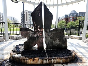 An apparent torching of a monument to employees of pre-amalgamation Kanata.