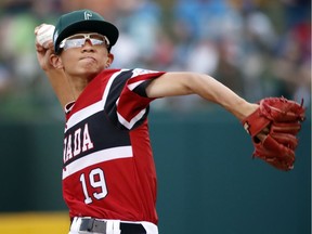 Canada's Ian Huang throws a pitch against Mexico in the first inning of Monday's game in South Williamsport, Pa. Canada won 6-4.