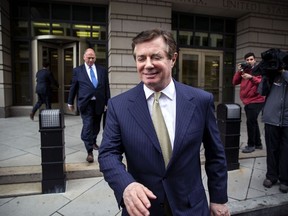 Paul Manafort, former campaign manager for Donald Trump, exits from federal court in Washington on April 19, 2018.