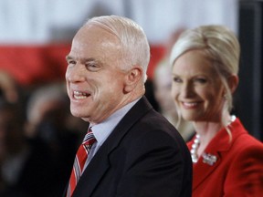 This 2008 file photo shows Republican presidential hopeful Sen. John McCain with wife, Cindy, in Nashua, N.H.