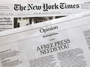 An editorial titled "A Free Press Needs You" is published in The New York Times, Thursday, Aug. 16, 2018, in New York. Newspapers from Maine to Hawaii pushed back against President Donald Trump's attacks on "fake news" Thursday with a coordinated series of editorials speaking up for a free and vigorous press. The Boston Globe, which set the campaign in motion by urging the unified voice, had estimated that some 350 newspapers would participate.