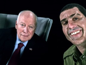This image released by Showtime shows former Vice President Dick Cheney, left, and actor Sacha Baron Cohen, portraying retired Israeli Colonel Erran Morad in a still from "Who Is America?" (Showtime via AP)