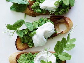 Pea pesto and burrata crostini from What's Gaby Cooking by Gaby Dalkin.