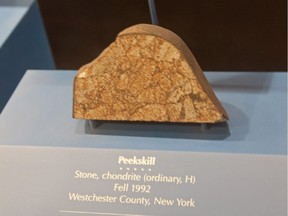 Part of the Peekskill meteorite in the National Museum of Natural History. The meteorite hit a parked car in Peekskill, N.Y. in 1992.