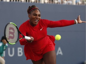 Serena William returns the ball to Johanna Konta during a Mubadala Silicon Valley Classic tennis tournament match in San Jose on Tuesday. Konta won 6-1, 6-0.