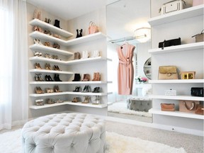 This closet, designed for lifestyle blogger Jessi Malay by LA Closet Design, features floating shelves to display her collection of shoes.