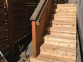With a moisture content less than 15 per cent, this newly-built cedar staircase is ready for finishing immediately after construction. Waiting before finishing outdoor woodwork isn't necessary if moisture content is low and the surface has been prepped.