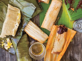 Corn, Poblano and Cheese Tamales, left, and Pork Hot Tamales from Turnip Greens & Tortillas by Eddie Hernandez and Susan Puckett.