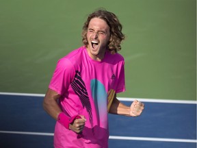 Stefanos Tsitsipas celebrates his win over Kevin Anderson during Rogers Cup semifinal tennis tournament action in Toronto on Saturday.