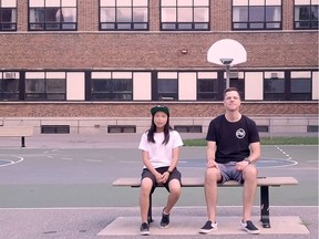 Pei Pilgrim, 13, and Peter Joynt, 39, shot their first music video together at Fisher Park Public School for their song Loving this Feeling. Todd Cameron photo