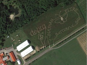 An aerial map, created from a satellite image, of the tribute for Jonathan Pitre at Mountain Orchards.