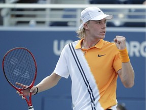 Denis Shapovalov reacts after winning a point against Felix Auger-Aliassime during their U.S. Open first-round match in New York on Monday.