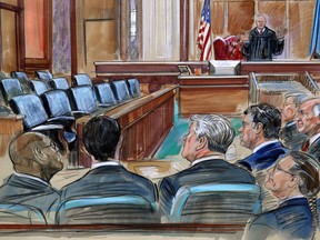 This courtroom sketch depicts U.S. District court Judge T.S. Ellis III speaking to the lawyers and defendant Paul Manafort, fourth from left, as the jury continues to deliberate in Manafort's trial on bank fraud and tax evasion at federal court in Alexandria, Va., Friday, Aug. 17, 2018. Third from left is Manafort's attorney Kevin Downing.