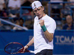 Denis Shapovalov pumps his fist after winning a game against Kei Nishikori during Citi Open play in Washington on Thursday.