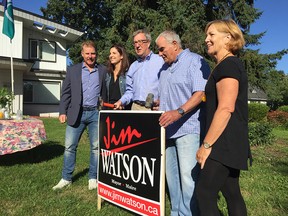Mayoral incumbent Jim Watson held a ceremonial sign-hammering event to mark the first day of municipal election signs being allowed on private property on Thursday, Aug. 23, 2018. He was joined by former Ottawa Senator captain Daniel Alfredsson, curler Lisa Weagle, philanthropist Dave Smith and former Olympian Sue Holloway. The sign was installed on Smith's front lawn on Island Park Drive.