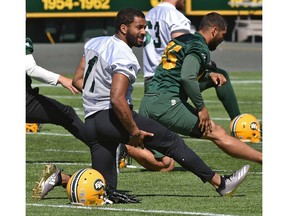 Nate Behar (11) wearing his golden sole shoes during the Eskimos practice at Commonwealth Stadium in Edmonton, June 28, 2018.