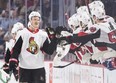 Ottawa Senators' Brady Tkachuk celebrates after one of his two goals against Montreal on Friday night. (THE CANADIAN PRESS)