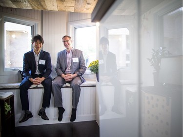 Seungyeon Hong, Master of Applied Science, first-year project manager with the Tiny House Team, and assistant professor Scott Bucking of the Civil Engineering and Architecture program and the project supervisor of the Tiny House Team in the tiny home Saturday.