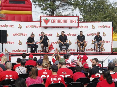 Fans take part in the "press conference" at the Ottawa Senators Fan Fest at Canadian Tire Centre in Ottawa on Sunday, September 16, 2018.