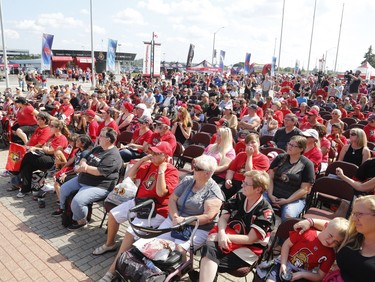 Fans take part in the "press conference" at the Ottawa Senators Fan Fest at Canadian Tire Centre in Ottawa on Sunday, September 16, 2018.