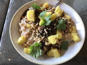 Brisket, pineapple and peanuts on oatmeal at Oat Couture Cafe