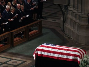 WASHINGTON, DC - SEPTEMBER 1:  The casket of U.S. Sen. John McCain sits in the nave during the funeral service at the National Cathedral on September 1, 2018 in Washington, DC. The late senator died August 25 at the age of 81 after a long battle with brain cancer. McCain will be buried at his final resting place at the U.S. Naval Academy.