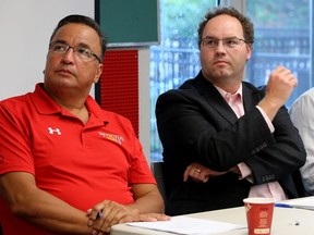 Tim O'Loan, left, who worked as an adviser to the Truth and Reconciliation Commission chair, and Chris Farley Ratcliffe, interim executive director of Planned Parenthood Canada, were panelists at Thursday's information session.