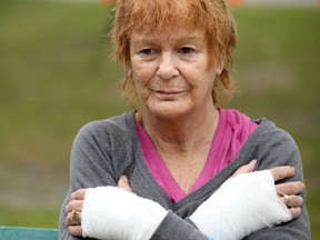 With bandages around her arms and legs from smashed mirrors in the tornado, Michelle Auger, 66,  was among the hundreds of displaced people that were staying at the emergency shelter - CEGEP de l'Outaouais - in Gatineau. She was having to move again Sunday because kids were returning to school at the facility on Monday.