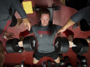 Senators' Thomas Chabot performs a fitness test at the Canadian Tire Centre on Thursday. (ERROL MCGIHON/Ottawa Sun)