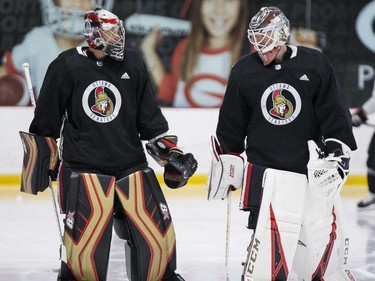 Ottawa Senators goaltenders Craig Anderson (L) and Mike Condon during an informal pre-training camp skate at the Bell Sensplex. September 11, 2018. Errol McGihon/Postmedia