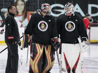 Ottawa Senators goaltenders Craig Anderson (L) and Mike Condon during an informal pre-training camp skate at the Bell Sensplex. September 11, 2018. Errol McGihon/Postmedia