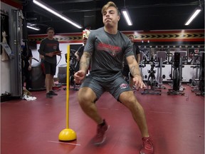 The Ottawa Senators' Jean-Gabriel Pageau performs a fitness test at the Canadian Tire Centre on the first day of training camp. Page was subsequently injured doing the same drill.