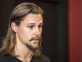 Erik Karlsson speaks to the media at the Canadian Tire Centre after he was traded from the Ottawa Senators to the San Jose Sharks on Thursday, Sept. 13, 2018.
