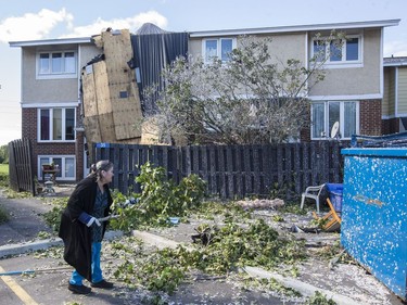 Resident Donna Aki helps with the cleanup from storm damage at the Quarry Co-op on McCarthy Road in Ottawa. September 22, 2018.
