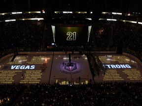 The names of the 58 people killed at the Route 91 Harvest country music festival last Oct. 1 were projected on the ice before the Vegas Golden Knights' inaugural regular-season home opener against the Arizona Coyotes at T-Mobile Arena on Oct. 10, 2017.