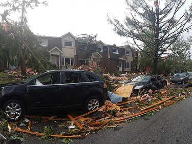 Destroyed buildings and cars are seen in Mont-Bleu, Gatineau, Quebec, close to Ottawa after a tornado shattered Canada's capital on September 21, 2018.