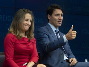 Canadian Prime Minister Justin Trudeau and Foreign Affairs Minister Chrystia Freeland participate in a panel discussion at the Council on Foreign Relations in New York, Tuesday, Sept. 25, 2018. U.S. President Donald Trump says he rejected a request for a one-on-one NAFTA meeting with Prime Minister Justin Trudeau this week because Canada's tariffs are too high and the country's trade negotiators have refused to budge.