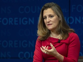 Foreign Affairs Minister Chrystia Freeland participates in a discussion at the Council on Foreign Relations in New York, Tuesday, Sept. 25, 2018. Freeland's marquee speech to the United Nations General Assembly has been postponed until Monday.