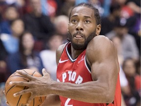 Toronto Raptors forward Kawhi Leonard (2) looks towards the basket during pre-season NBA action against the Portland Trail Blazers on Saturday, Sept., 29, 2018.