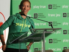 Canadian Olympian Beckie Scott speaks at the World Anti-Doping Agency (WADA) Global Athlete Forum in Calgary on Monday June 4, 2018. About 120 athlete leaders from around the world have gathered in Calgary to discuss key developments in anti-doping.
