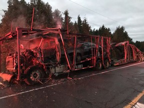 A car carrier was destroyed when it caught fire at Fallowfield and Munster roiads early Wednesday. There were no injuries.